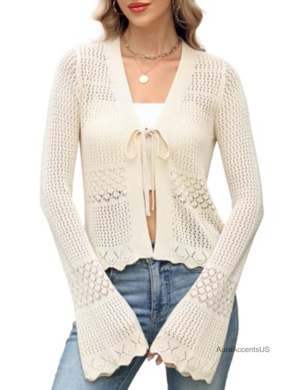 Womens Crochet Tie Front Cardigan Bell Sleeves Lightweight Knit Boho